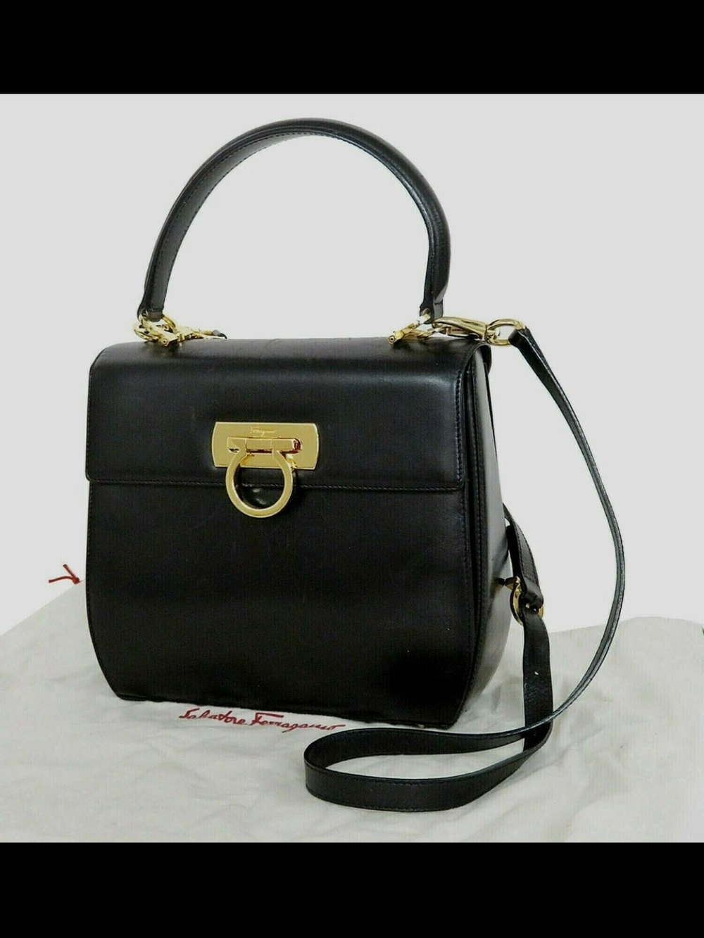 Salvatore Ferragamo Black Leather Top-Handle Satchel with Gold Hardware